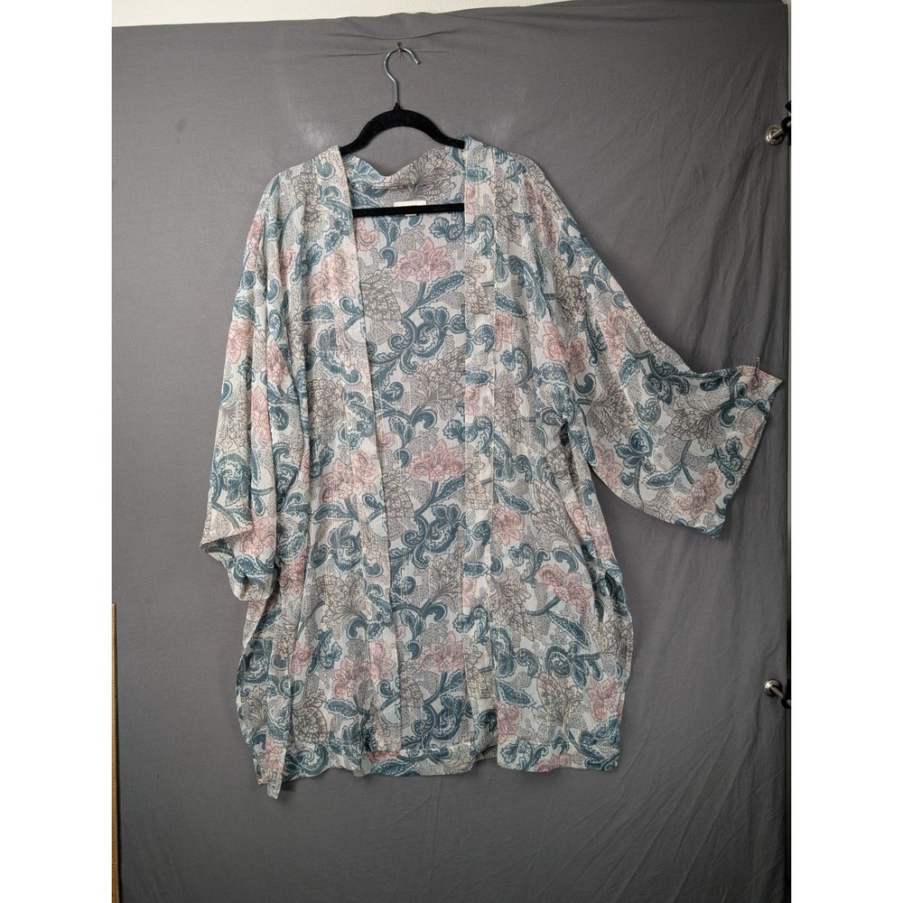 LOFT Outlet Floral Paisley Kimono Wrap‎ Cardigan Blue Pink One Size Gold Thread